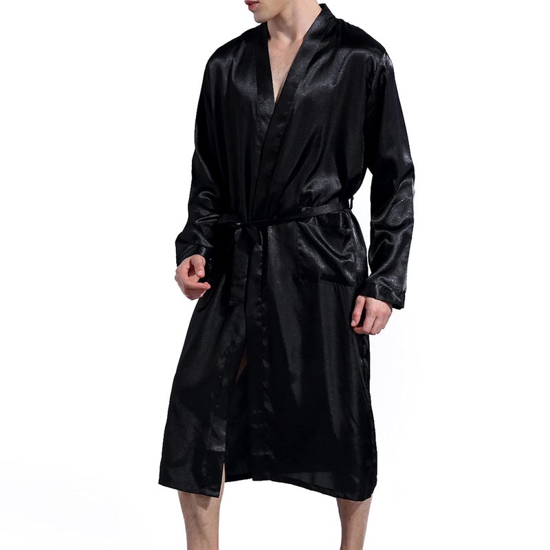 Lu's Chic Men's Silk Robe Lightweight Satin Kimono Summer SPA Lounge Long Sleeve Silky Bath Robe Soft Knee Length Bathrobe with Pocket Black X-Large - Image 2